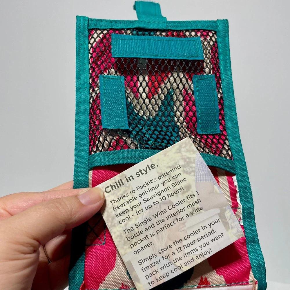 PackIt Freeze+Go Single Wine Cooler Bag Insulated Pink Teal Ikat Freezable Gel